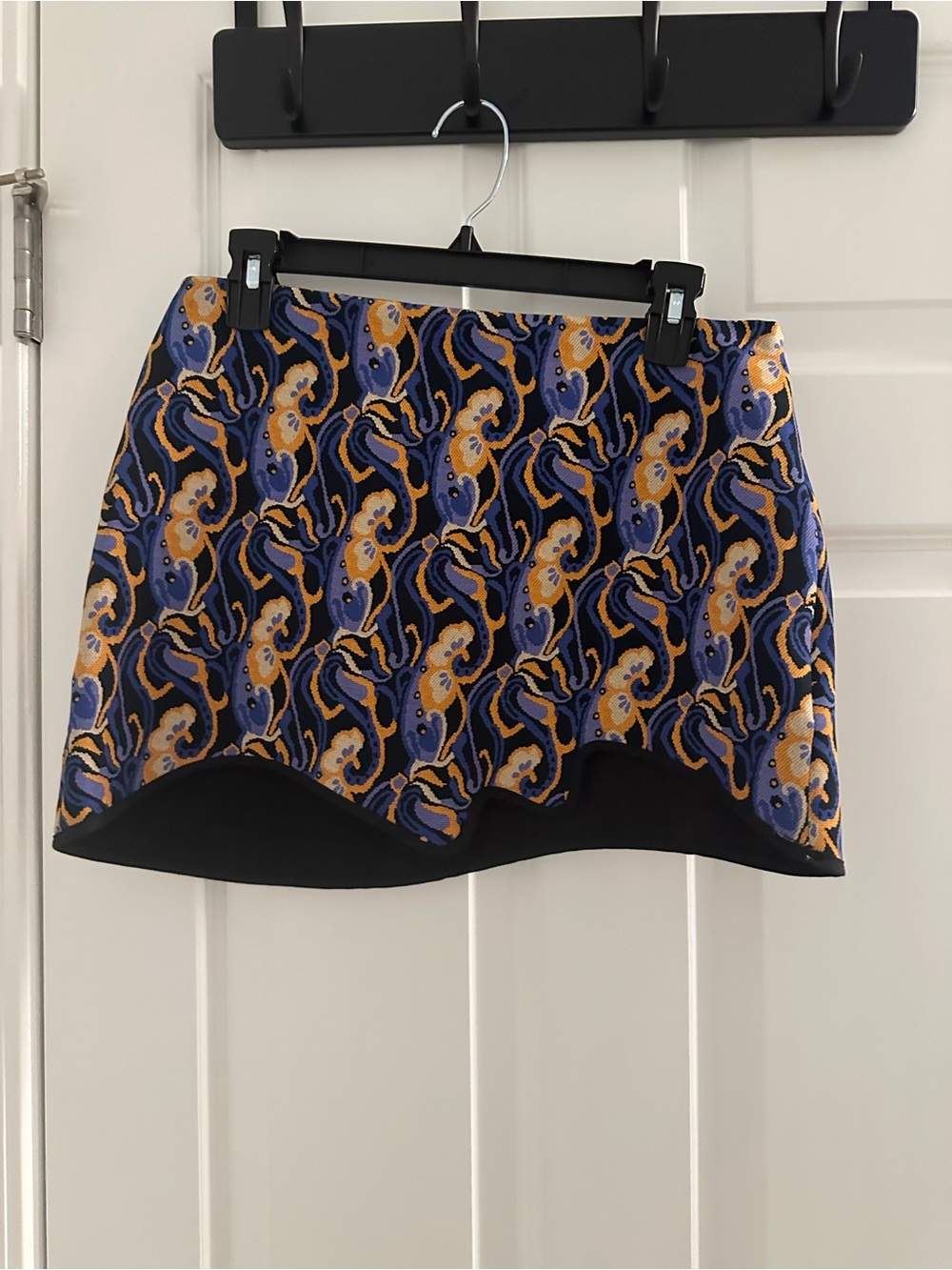 Zara Blue & Gold Paisley Jacquard Mini Skirt with Scalloped Hem